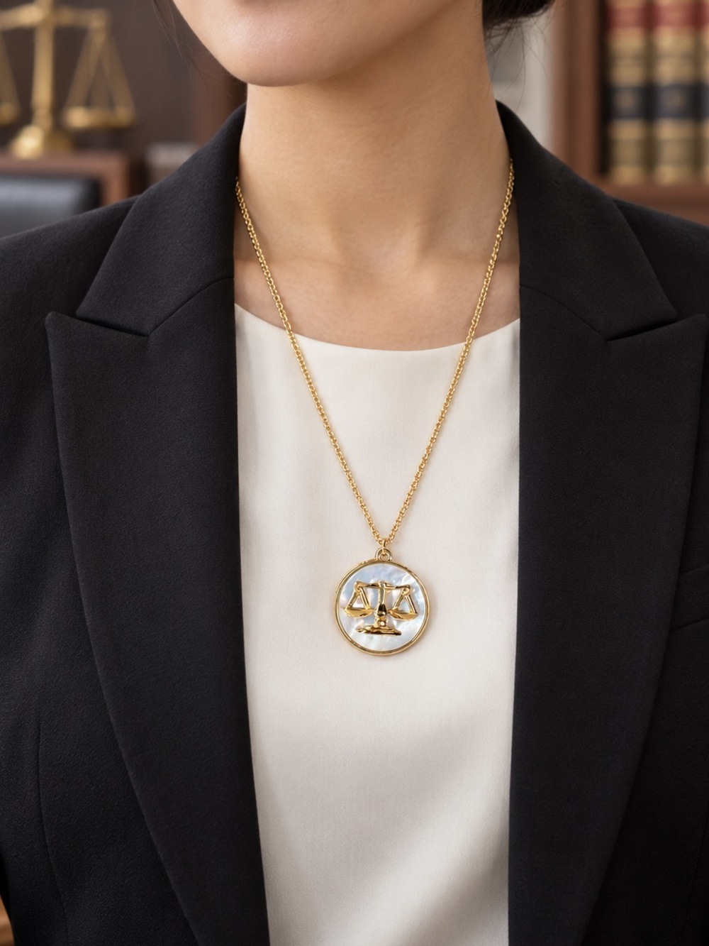 Gold Libra Scales Pendant Necklace with Mother-of-Pearl Disc